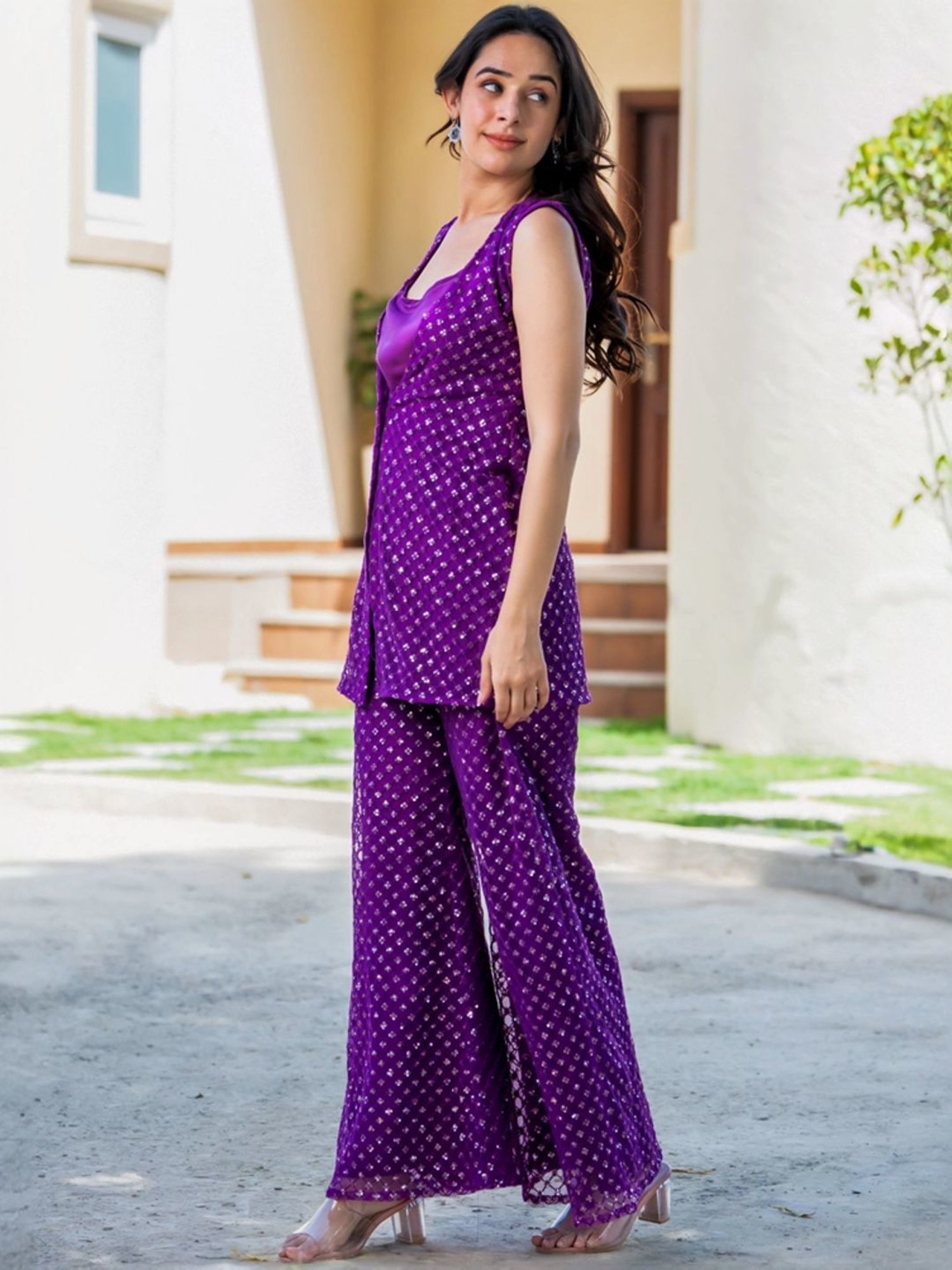 HOUSE OF JAMOTI Purple Embellished Tunic Palazzo Set