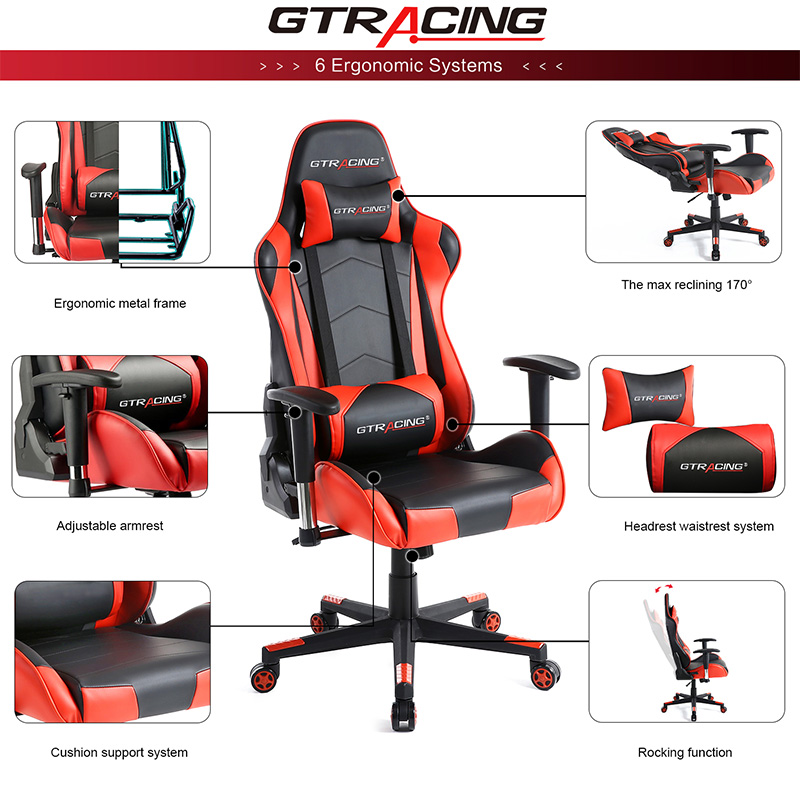 GTRACING Gaming Chair Racing Office Computer Game Chair Ergonomic Backrest and Seat Height Adjustment with Pillows Recliner Swivel Rocker Headrest and Lumbar Tilt E-Sports Chair (Black/Red)