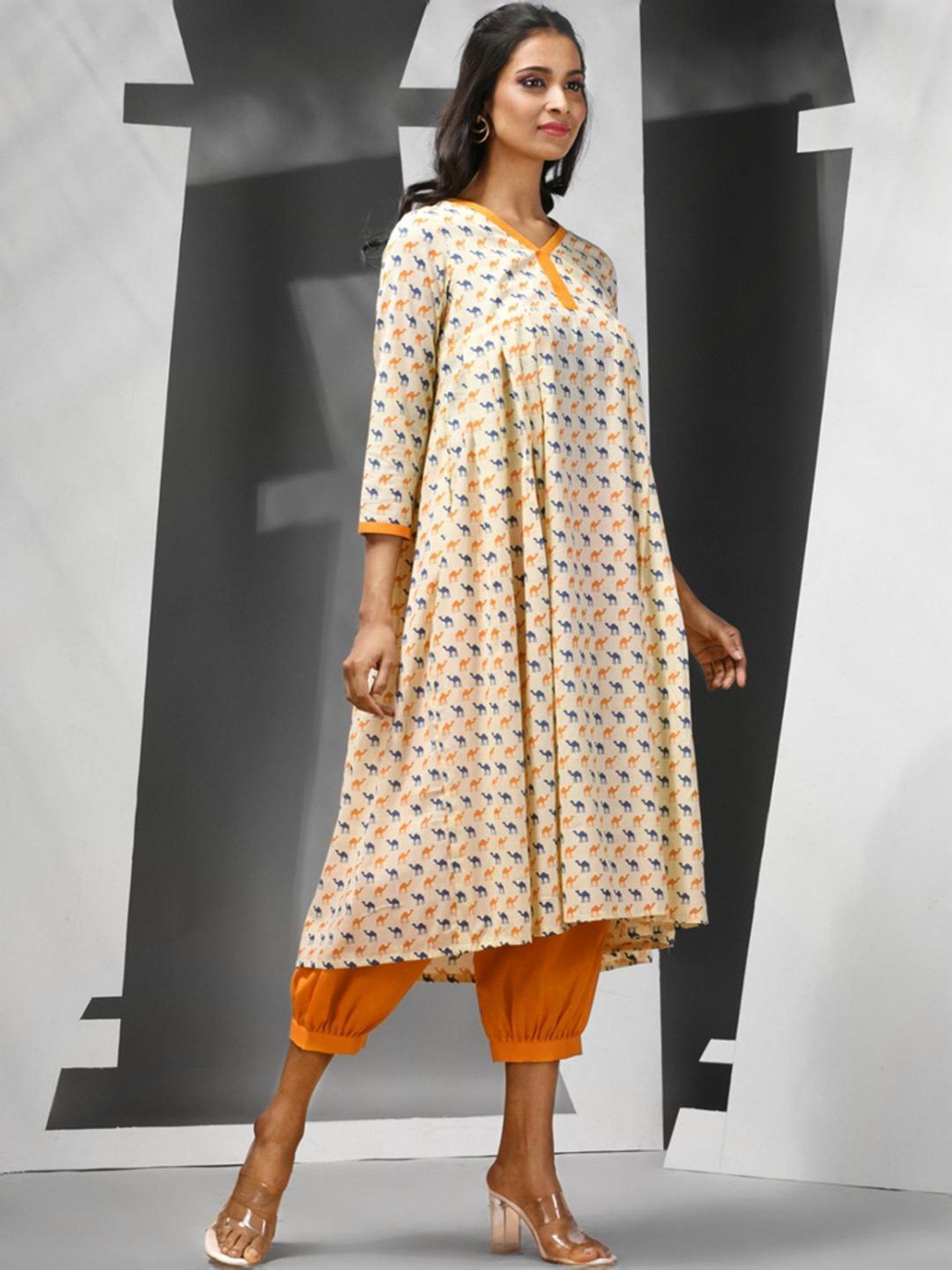 Charukriti Beige & Yellow Cotton Printed Kurta Salwaar Set