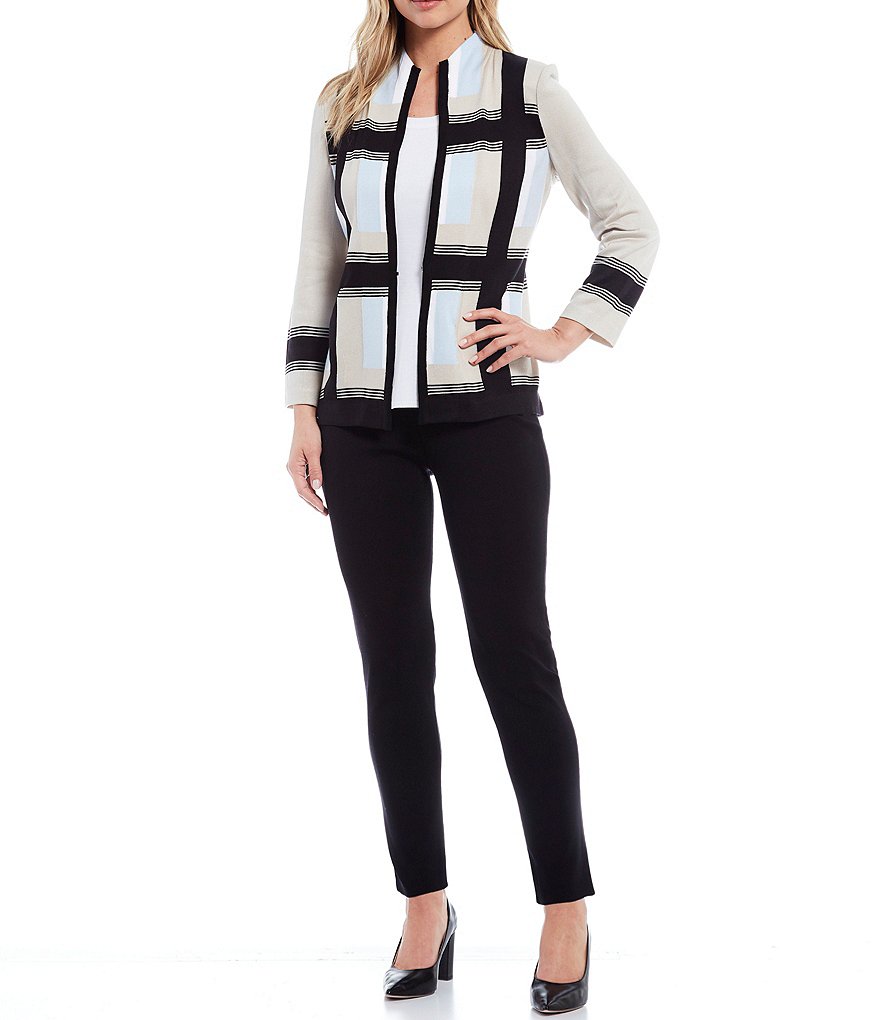 Misook Long Sleeve Funnel Neck Colorblock Plaid Jacket