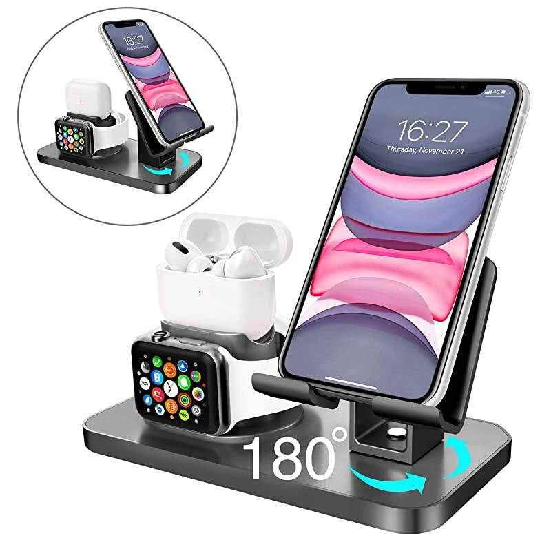 3 in 1 Charging Stand for Apple Watch Series 5/4/3/2/1, Airpods 2/1, Compatible with iPhone 12 Pro 2020 11 SE2 XS MAX XR XS 8 7 6 6s Plus 5s, iPad Tablet Stand(Original Cables Required),Black