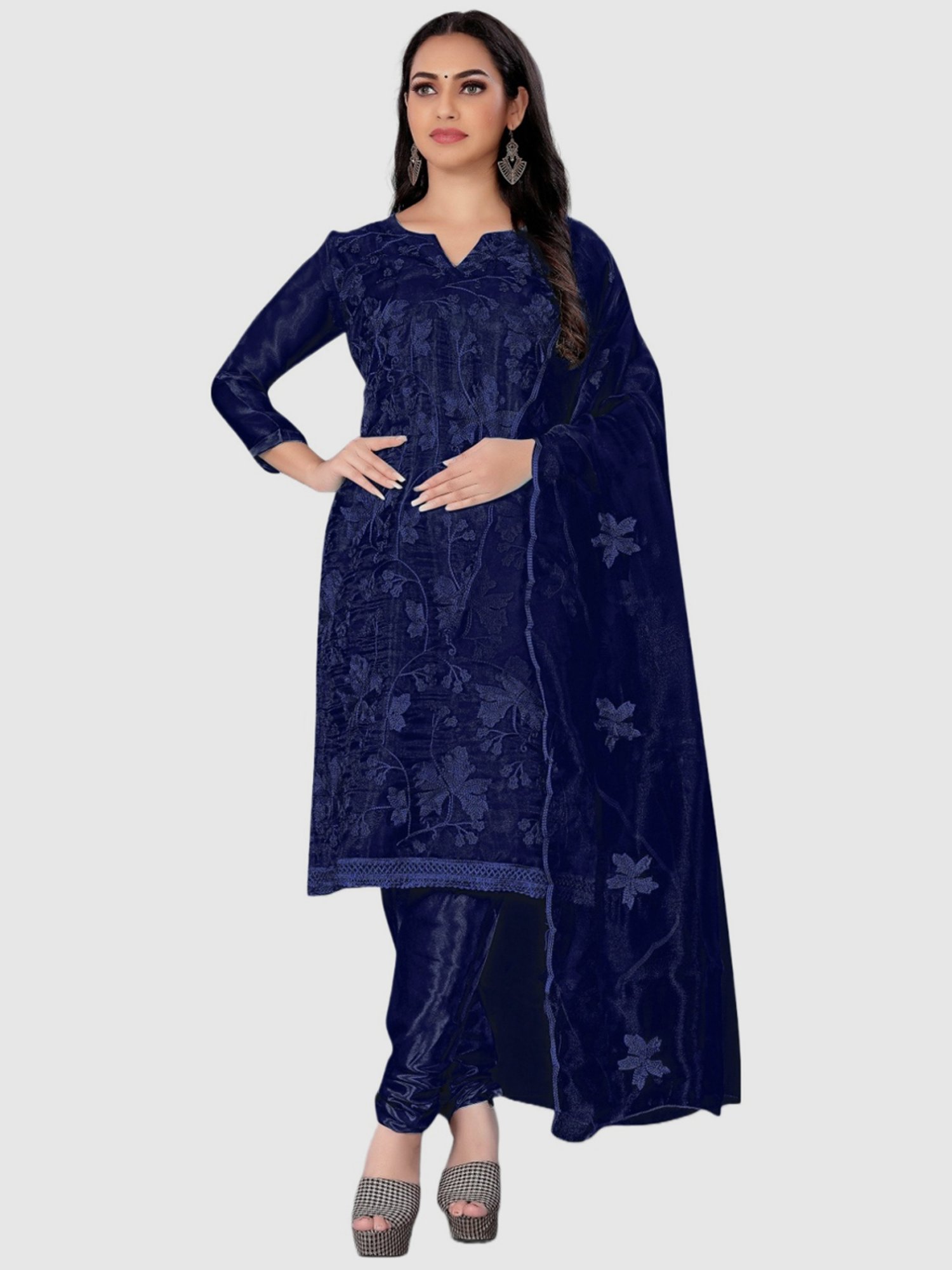 APNISHA Navy Embroidered Unstitched Dress Material