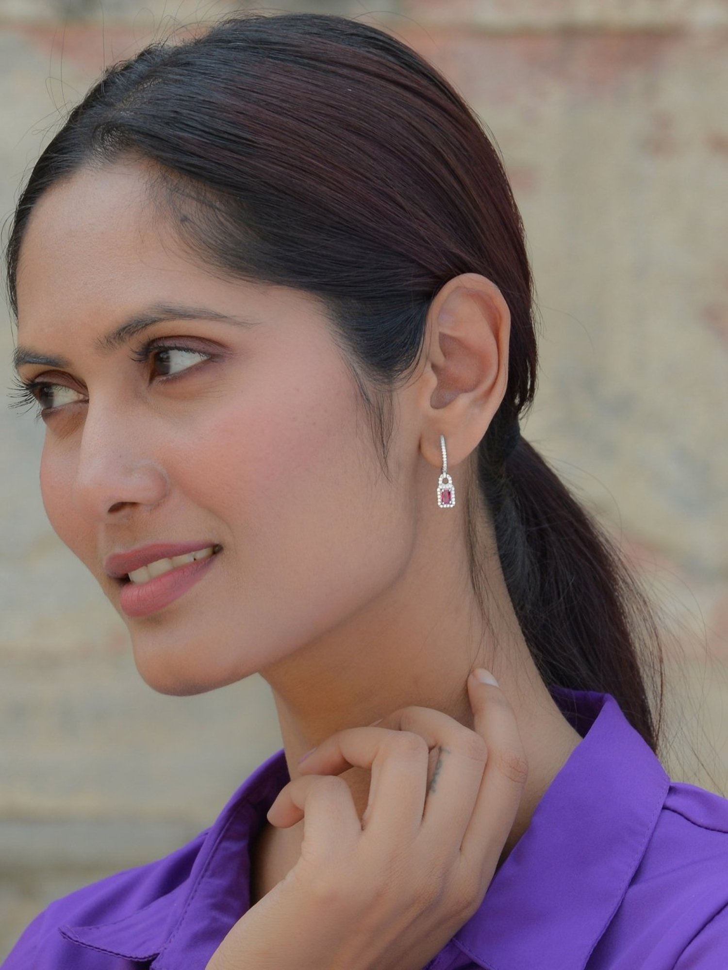 925 Silver Rectangular Red Ruby and American Diamond Bali Hoop Earrings for Women & Girls