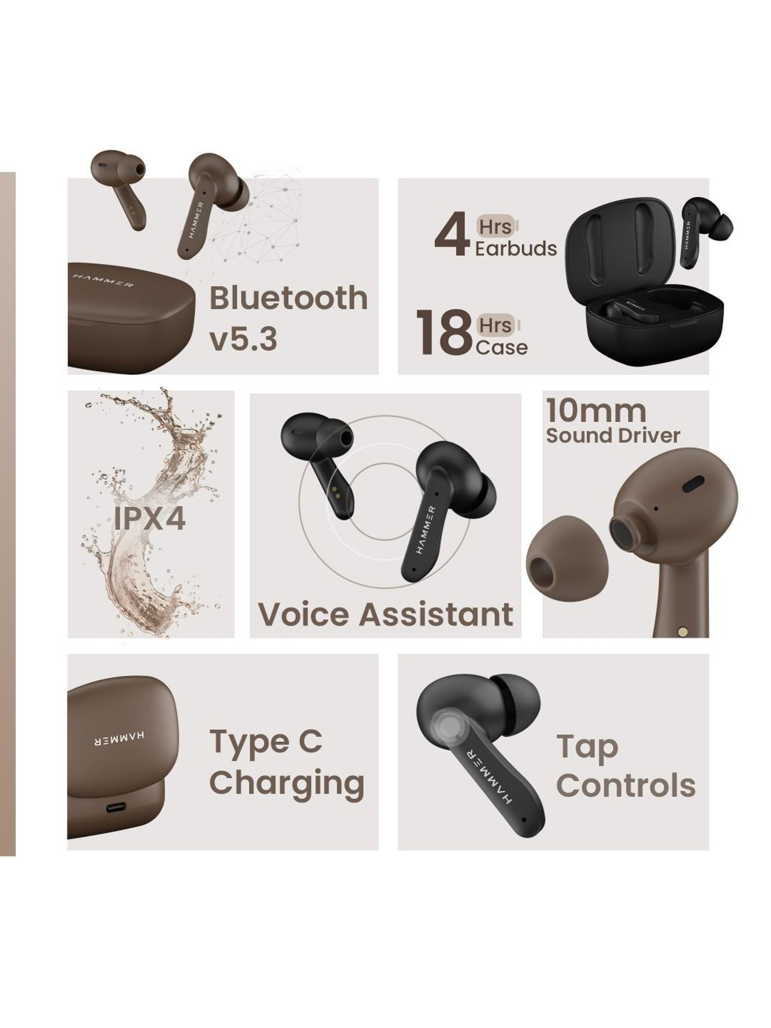 Hammer Solitude In Ear BT v5.3 Earbuds with Upto 22H Playtime & ENC (Truffle Black, True Wireless)