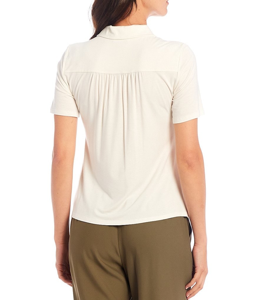 Calvin Klein Matte Jersey Point Collar Button Front Placket Shirring Detail Short Sleeve Top