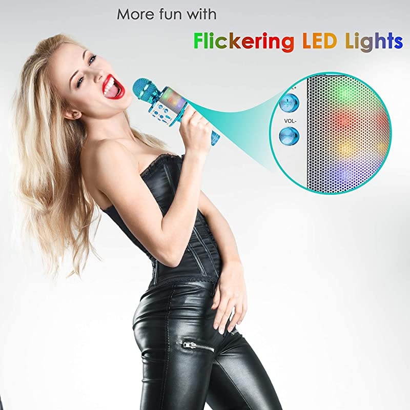 Bluetooth Karaoke Microphone, 5-in-1 Portable Handheld Mic Speaker Player Recorder with Controllable LED Lights, Adjustable Remix FM Radio for Christmas, Birthday, Home Party More (Blue)