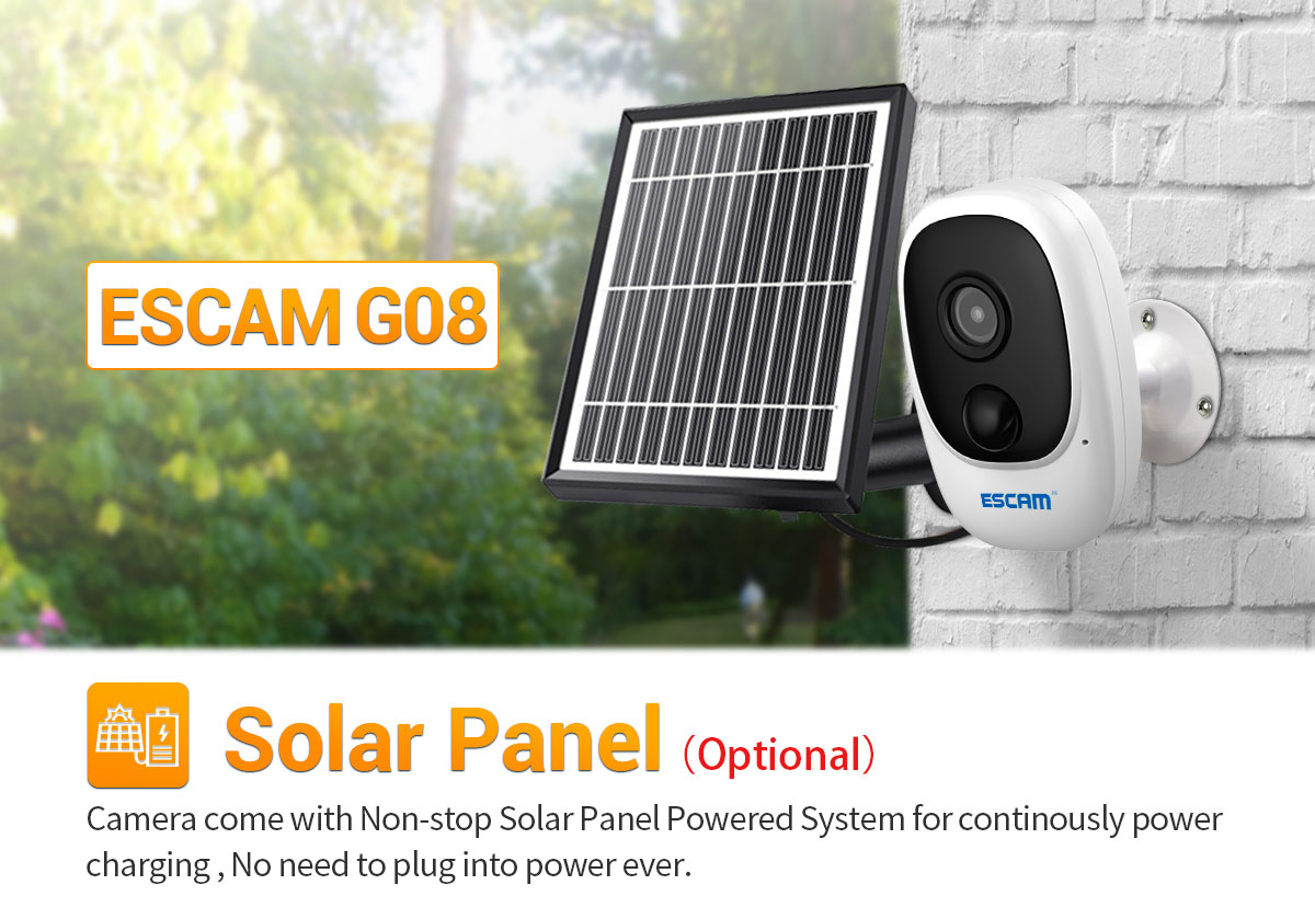 ESCAM G08 1080P Wireless Battery Rechargeable PIR IP Camera Solar Panel Audio Card Cloud Storage Security Video Recorder - Camera+Solar Panel