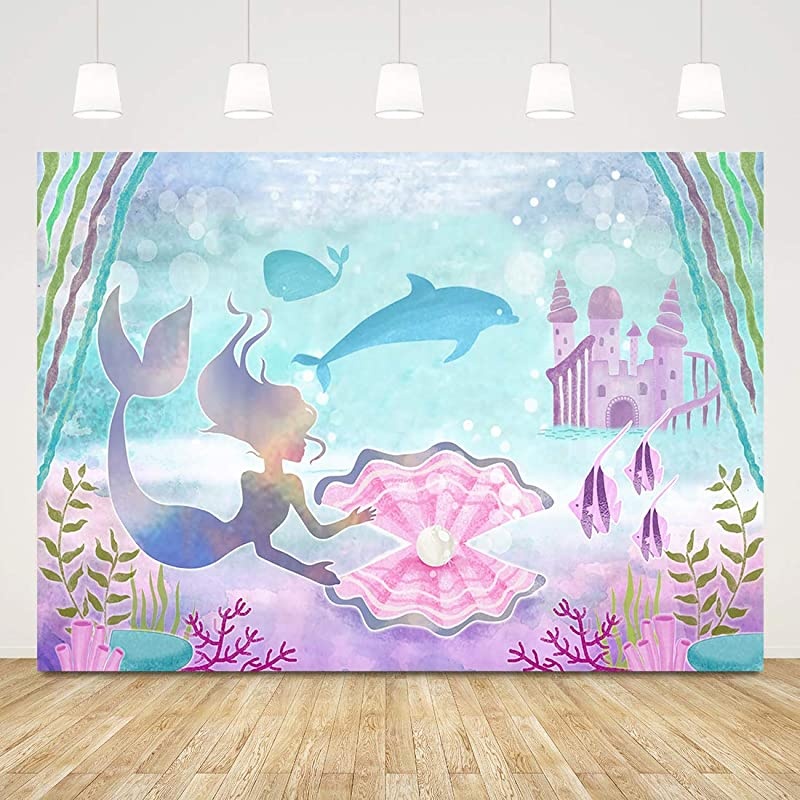 Under The Sea Little Mermaid Birthday Backdrop Banner for Girls Castle Whale Pearl Princess Mermaid Birthday Party Decorations Supplies Cake Table Background 7x5ft