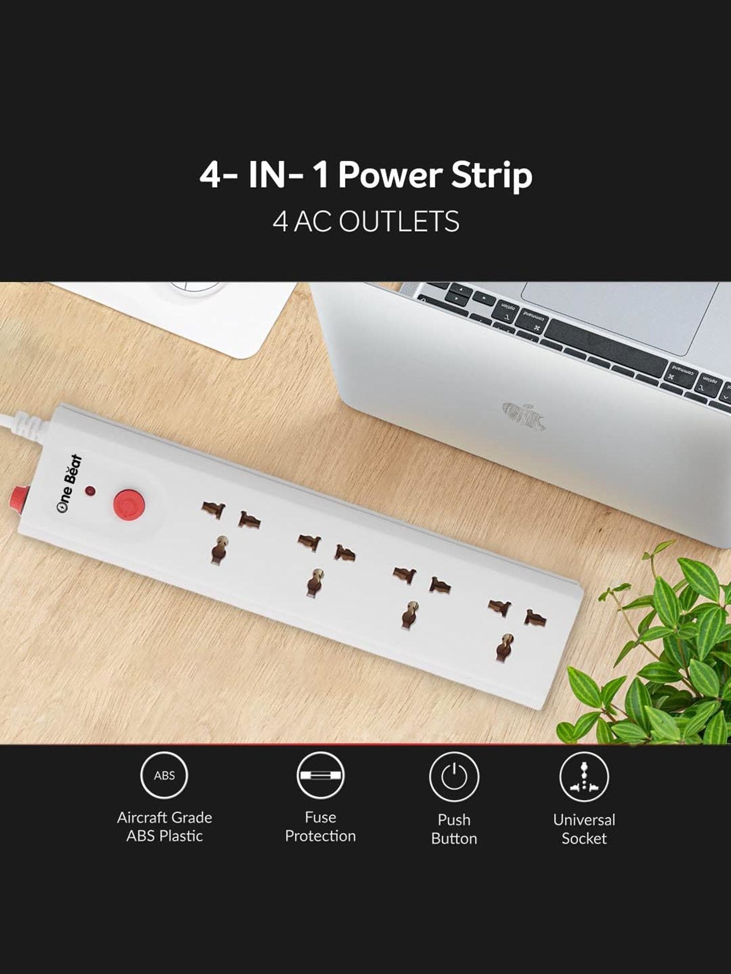 One Beat Extension 4 Universal Sockets, Power Load 10 AMP with 2 Mtr Cable (White)