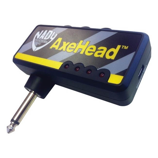 Nady AxeHead Miniature Headphone Guitar Amplifier _ Built-in amp simulation with gain, tone and volume controls _ includes headphones splitter, 3.5mm audio cable, and USB charging cable