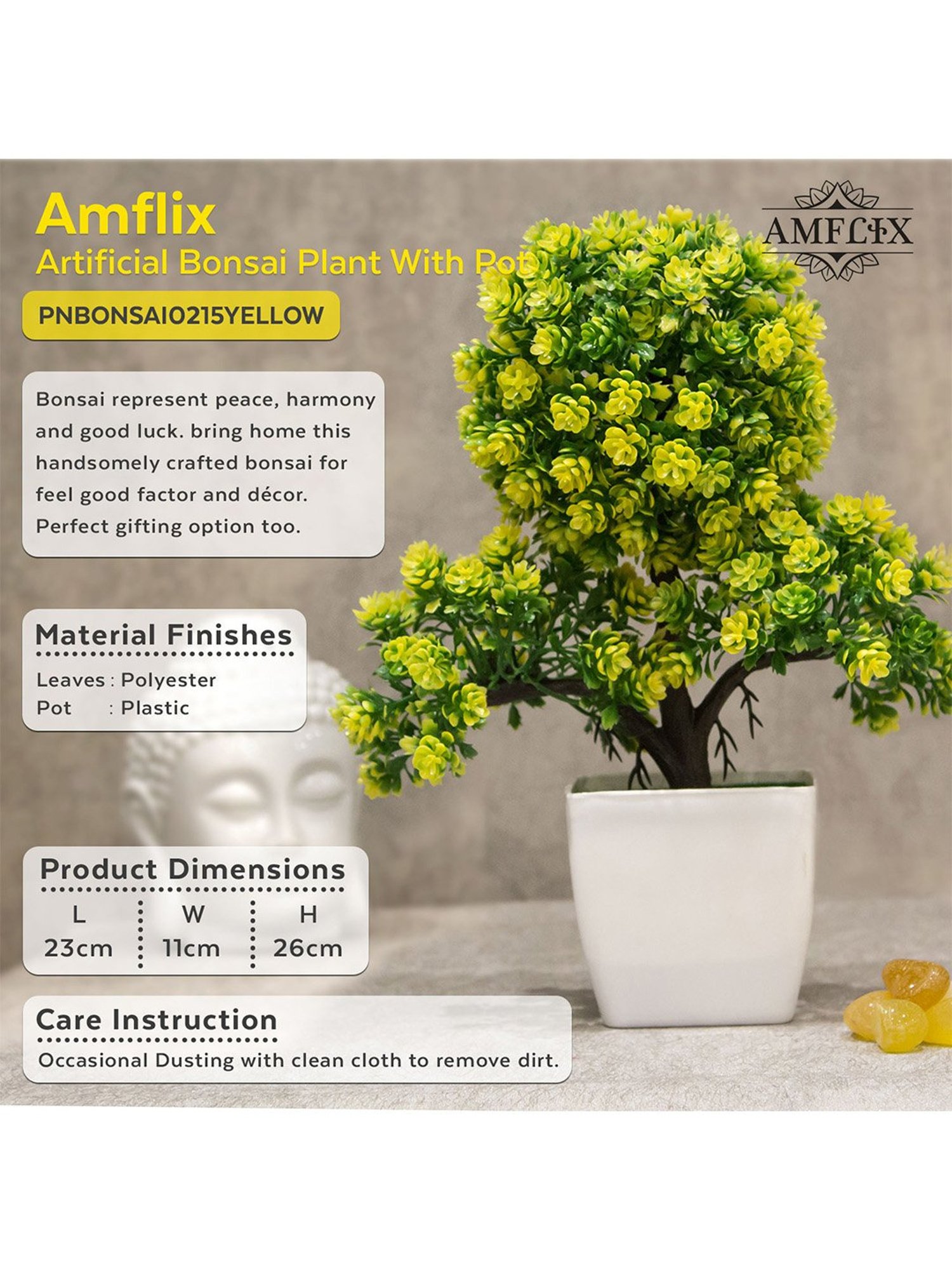 Amflix Yellow Artificial Bonsai Plant With Pot