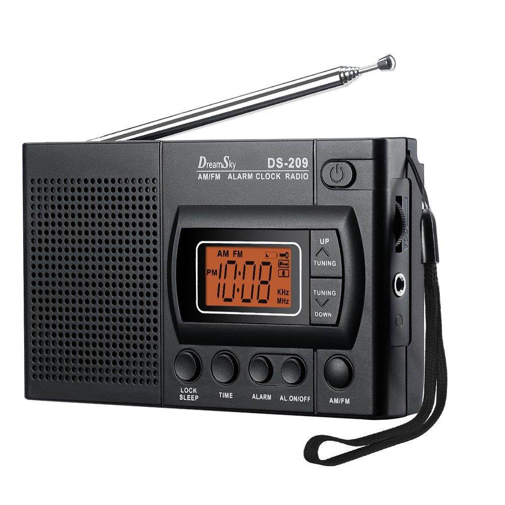 DreamSky Portable AM/FM Radio Alarm Clock, Clear Loudspeaker, Earphone Jack, 12 /24H Time Display with Backlight, Ascending Alarms, Battery Operated, Sleep Timer AA Battery Included.
