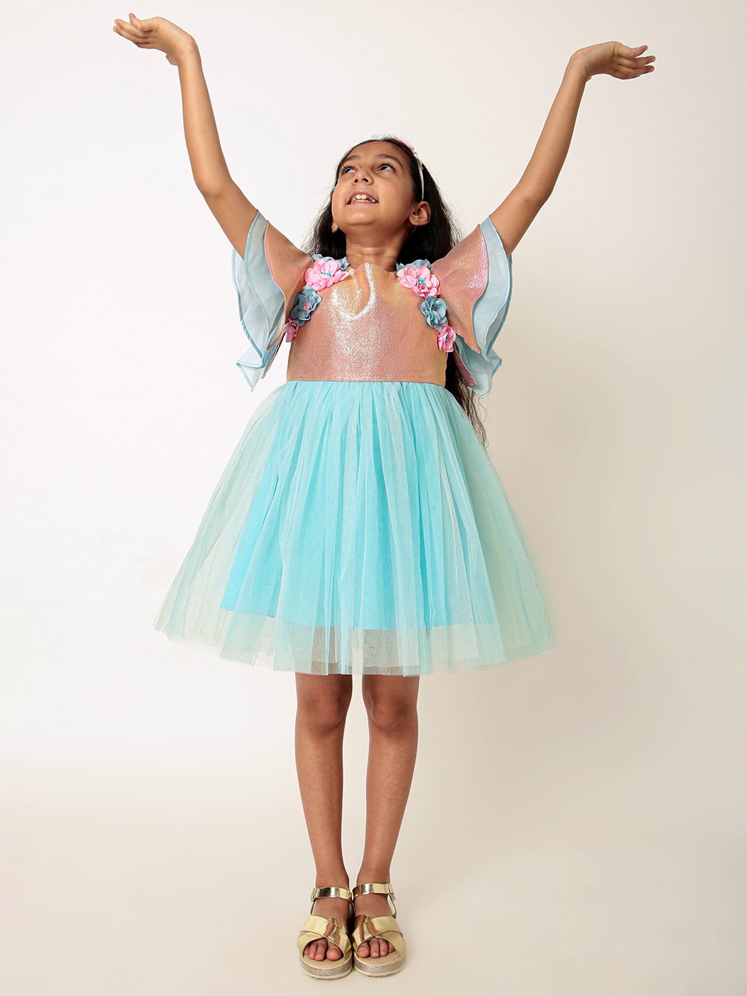 A Little Fable Girls Peach & Blue Shimmer Dress