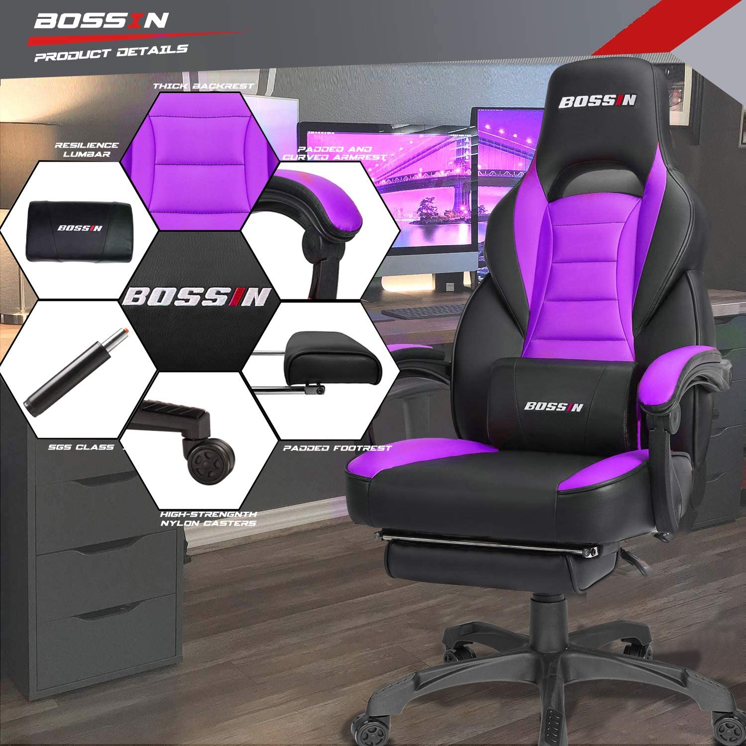Gaming Chair, Racing Style Computer Desk Chair Padded Armrests Ergonomic Lumbar Support Adjustable Height