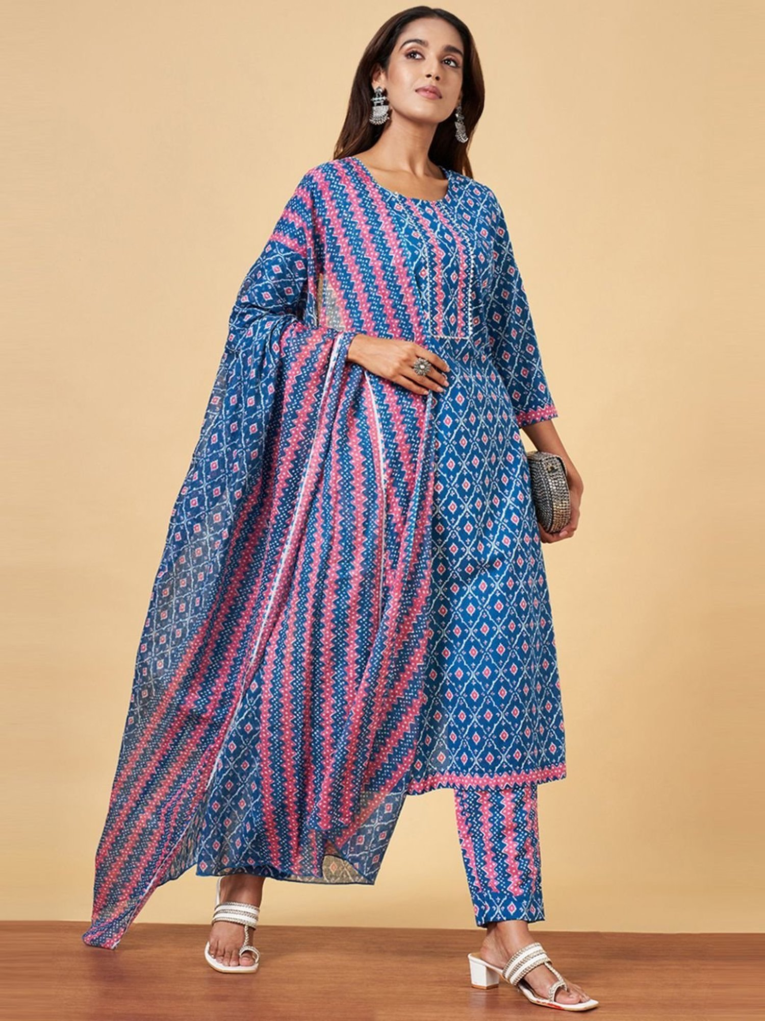 YU by Pantaloons Blue Cotton Printed Kurta Pant Set With Dupatta