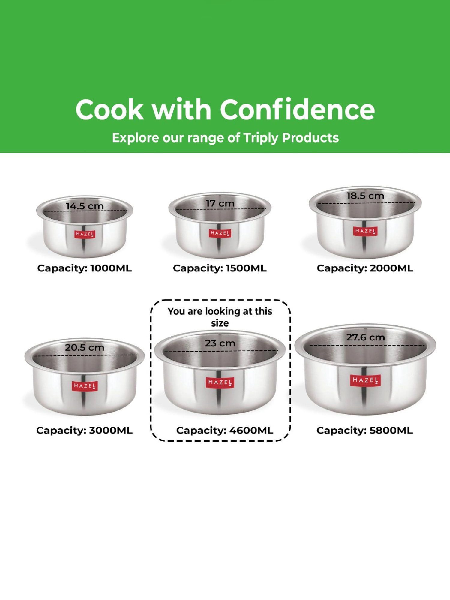 HAZEL Triply Stainless Steel Induction Bottom Tope With Stainless Steel Lid, 4.6 Litre, 23 cm