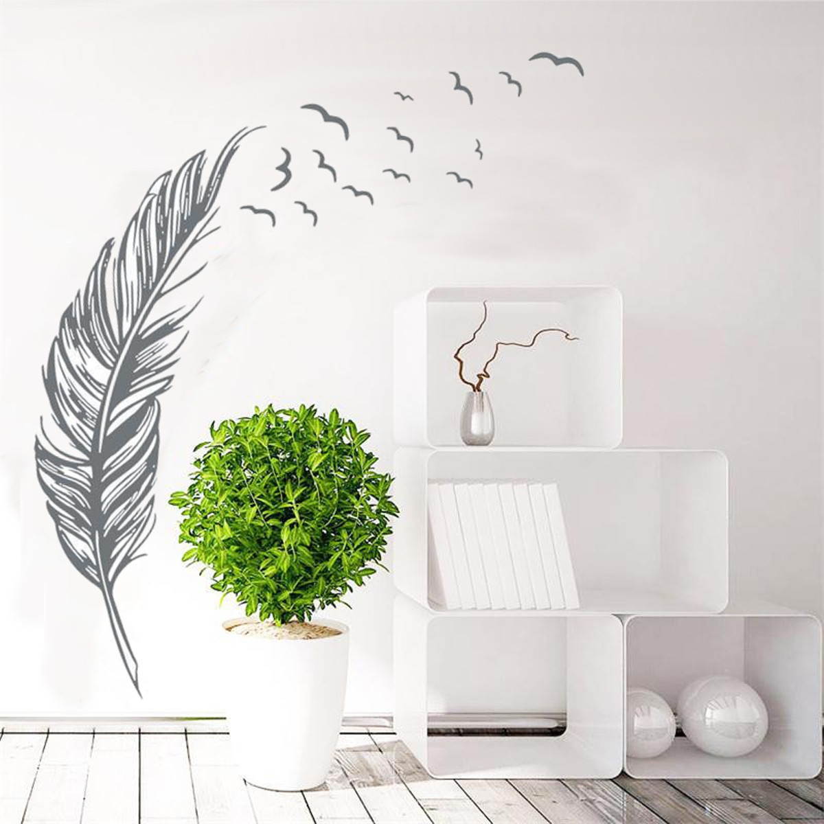 DIY Modern Plume Feather Wall Sticker Birds Flying Feather Removable Wall Sticker Vinyl Mural Painting  for Home Living Room Grey
