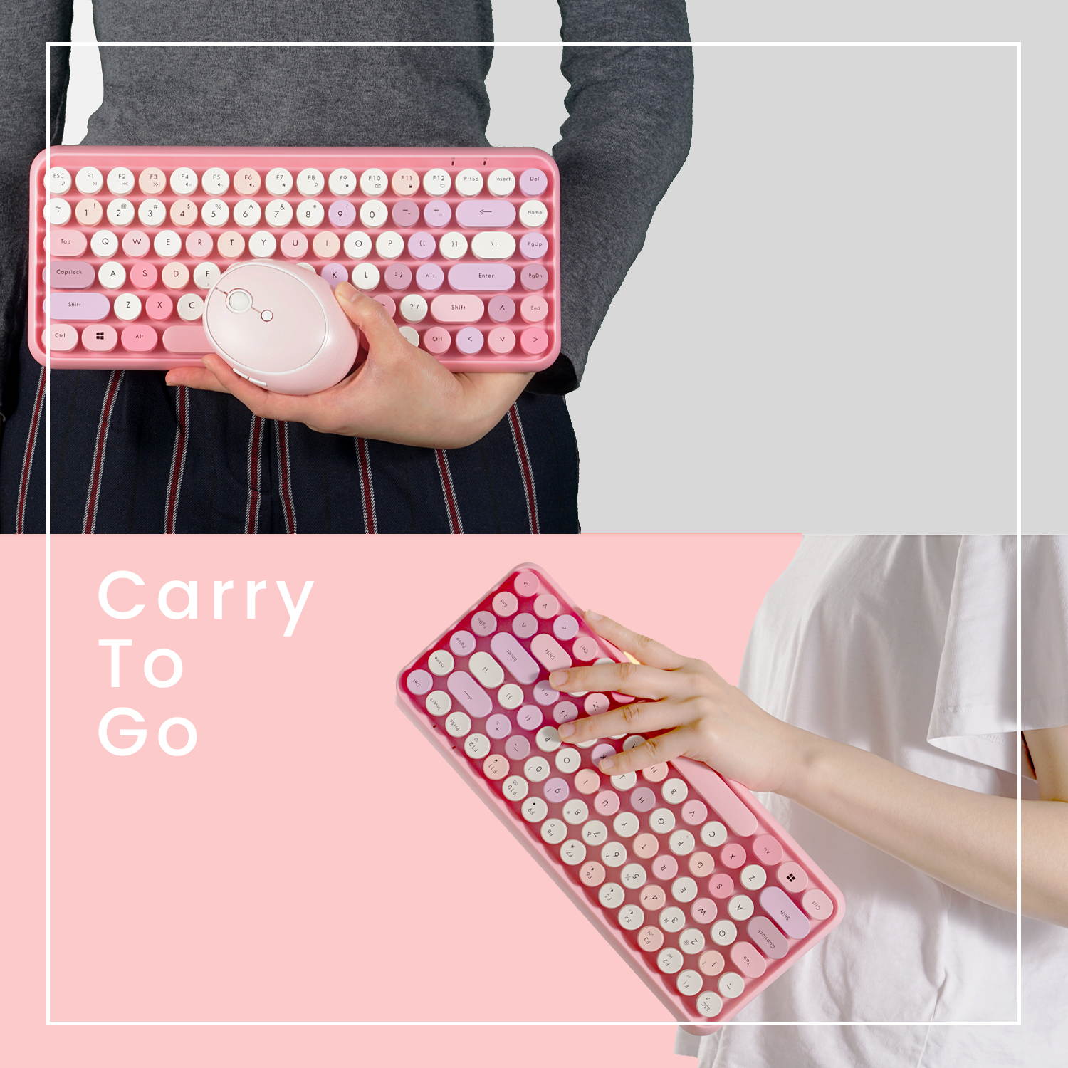 Perixx PERIDUO-713 Wireless Mini Keyboard and Mouse Combo, Retro Round Key Caps, Pink, 12 shortcut hotkey, Mini Optical Mouse, VINTAGE TYPEWRITER STYLE