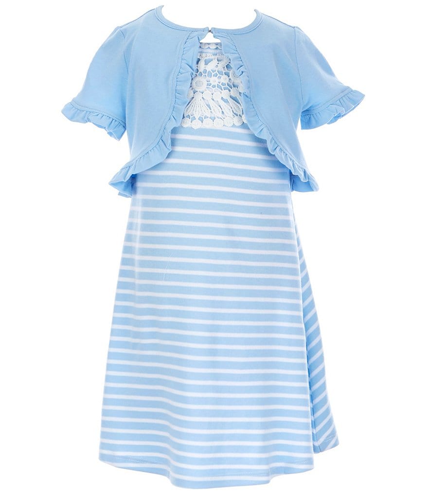 Rare Editions Little Girls 2T-6X Short-Sleeve Shrug & Lace-Yoke Striped Shift Dress Set