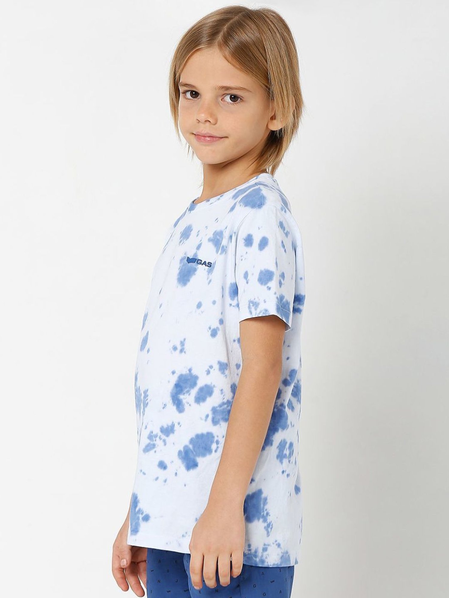Gas Kids Blue & White Cotton Over Dyed T-Shirt