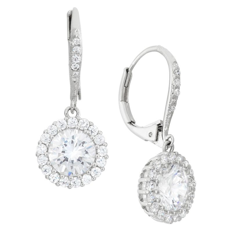 Sterling Silver 8mm Round-cut CZ Halo Leverback Earrings