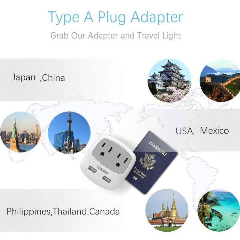 TESSAN 3 to 2 Prong USB Outlet Plug, Japan Power Adapter with 2 Wall Charger Extender Cruise Ship Accessories, Travel Multi Plug Adaptor for US to Japanese - Type A Plug Splitter