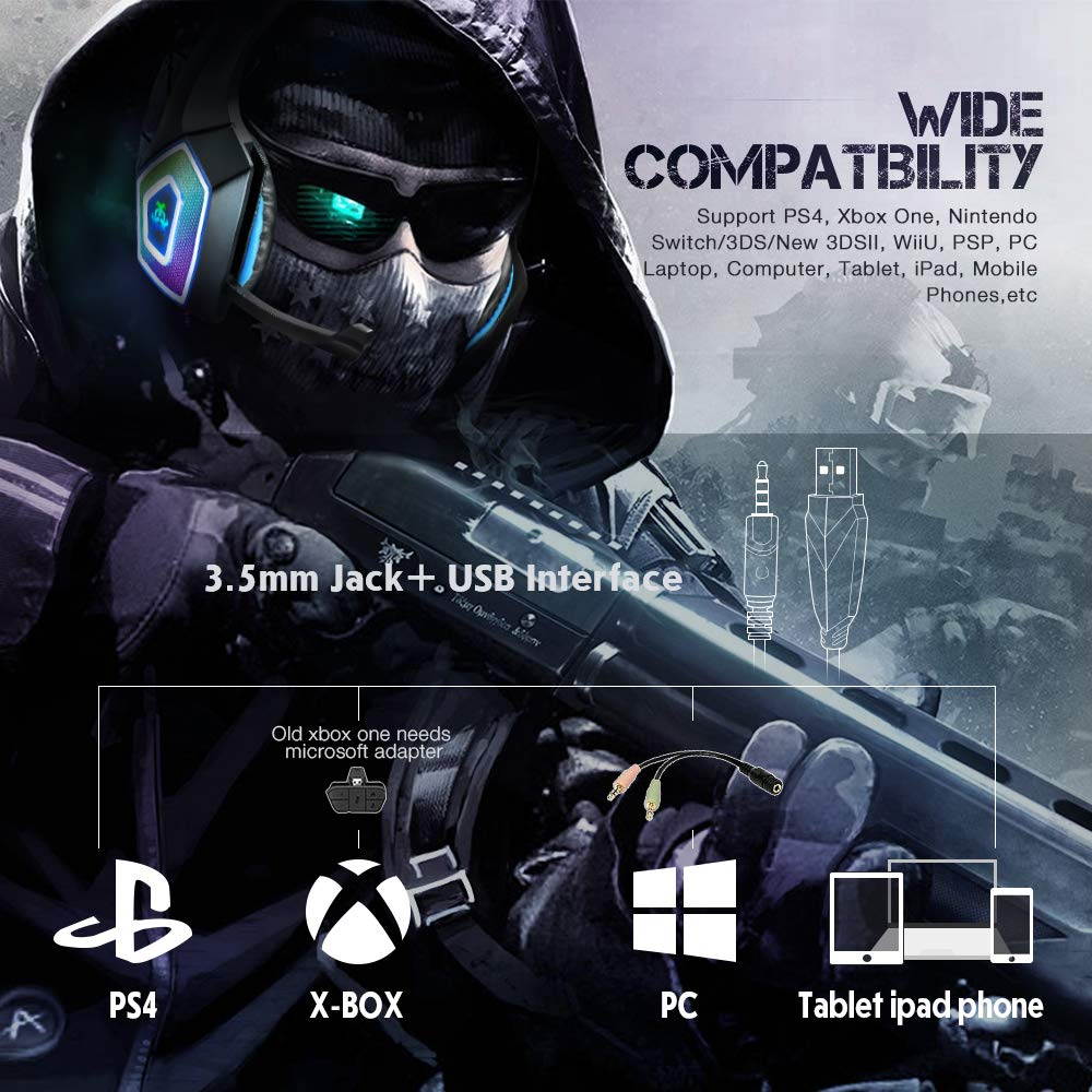 HUNTERSPIDER V1 Gaming Headset with Mic for Xbox One PS4 PC Switch Tablet Smartphone, Headphones Stereo Over Ear Bass 3.5mm Microphone Noise Canceling 7 LED Light Soft Memory Earmuffs(Free Adapter)