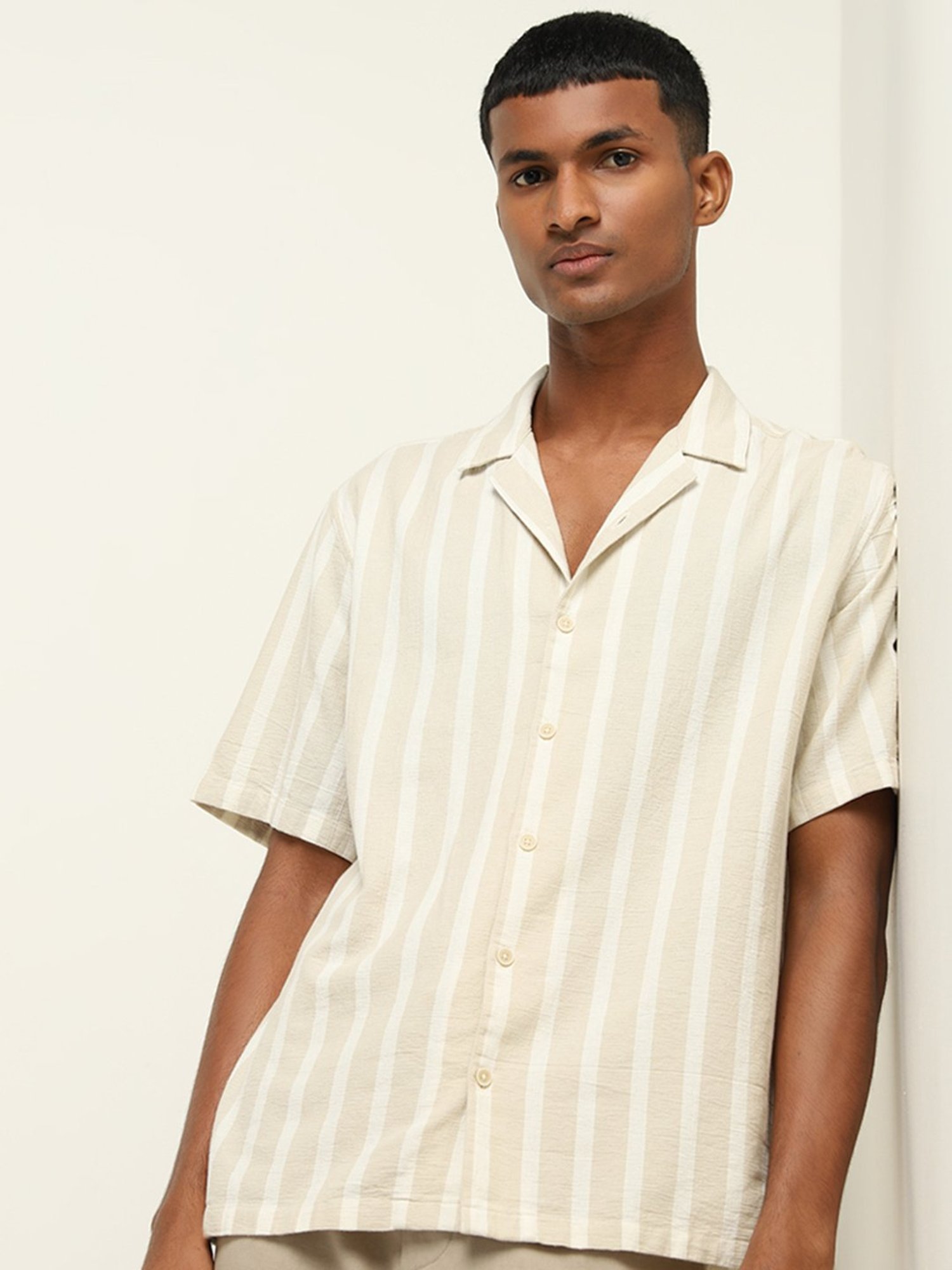ETA by Westside Light Taupe Striped Relaxed-Fit Cotton Shirt