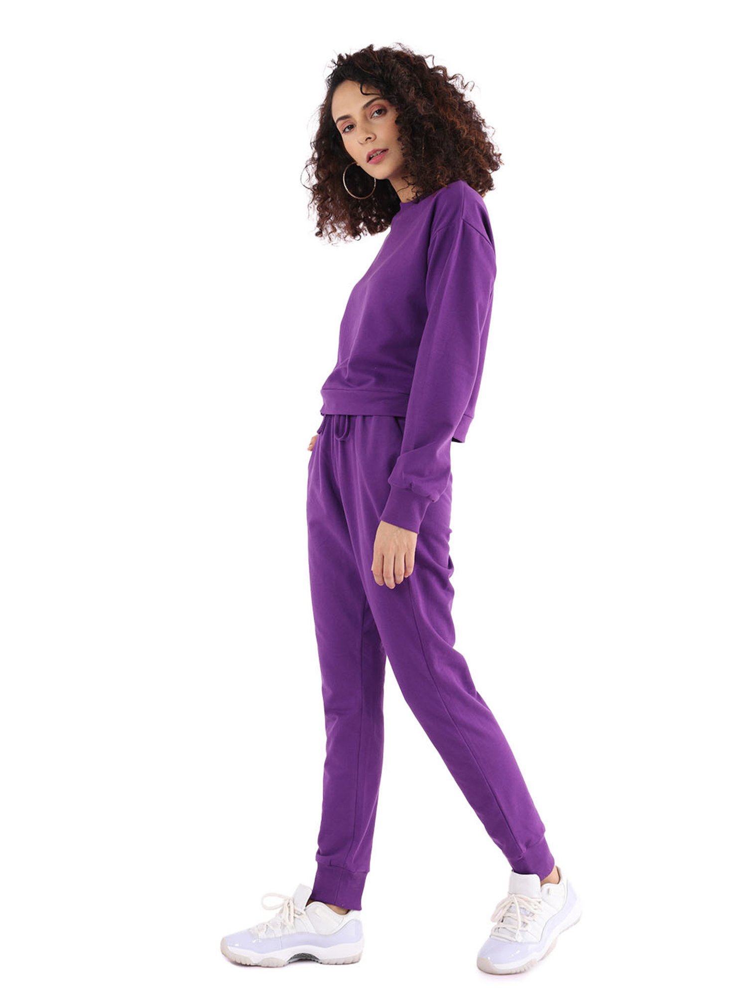 Nite Flite Purple Cotton Crop Sweatshirt With Joggers