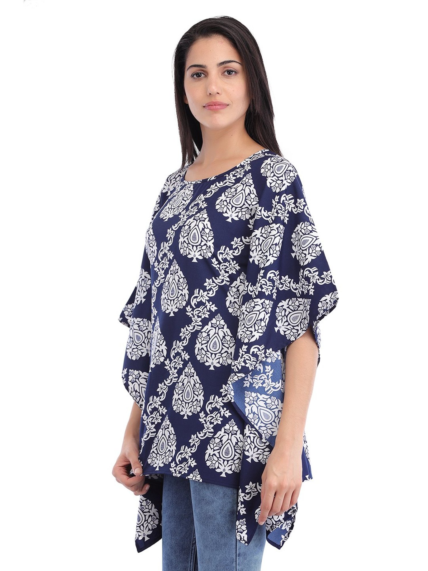 Cottinfab Navy Printed A-Line Kaftan Crepe Top