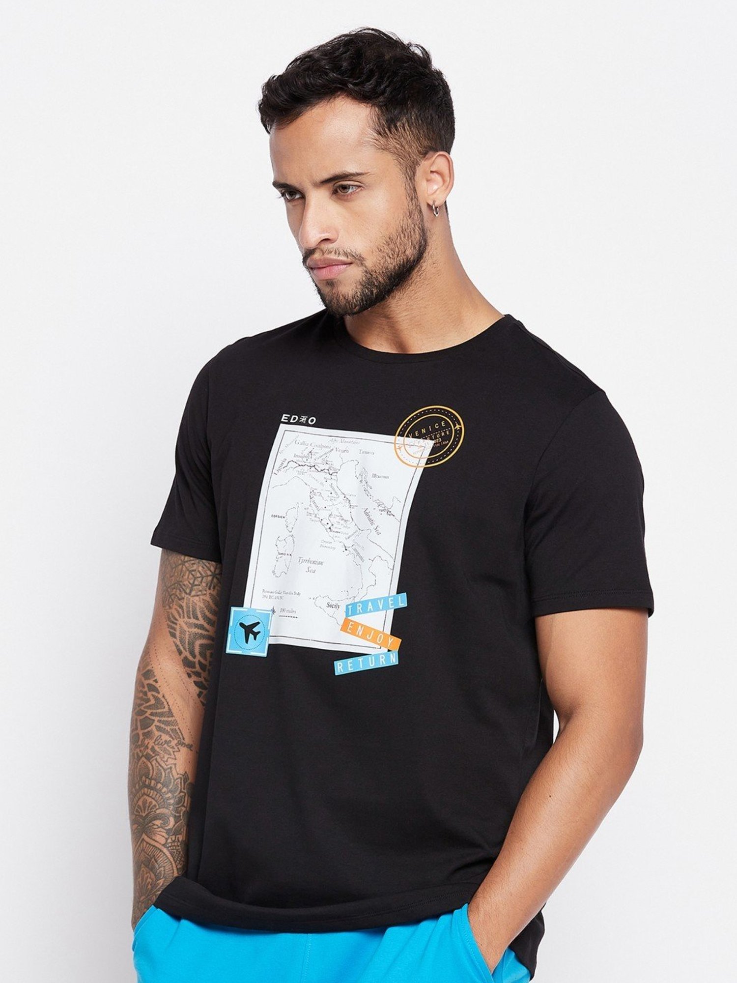 Edrio Black Cotton Relaxed Fit Printed T-Shirt