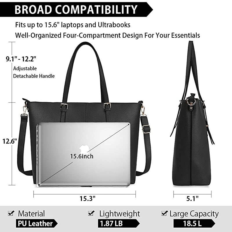 Tote Bag for Women 156 Inch Waterproof Lightweight Leather Computer Bag Women Business Office Work Bag Briefcase Large Travel Handbag Shoulder Bag Black