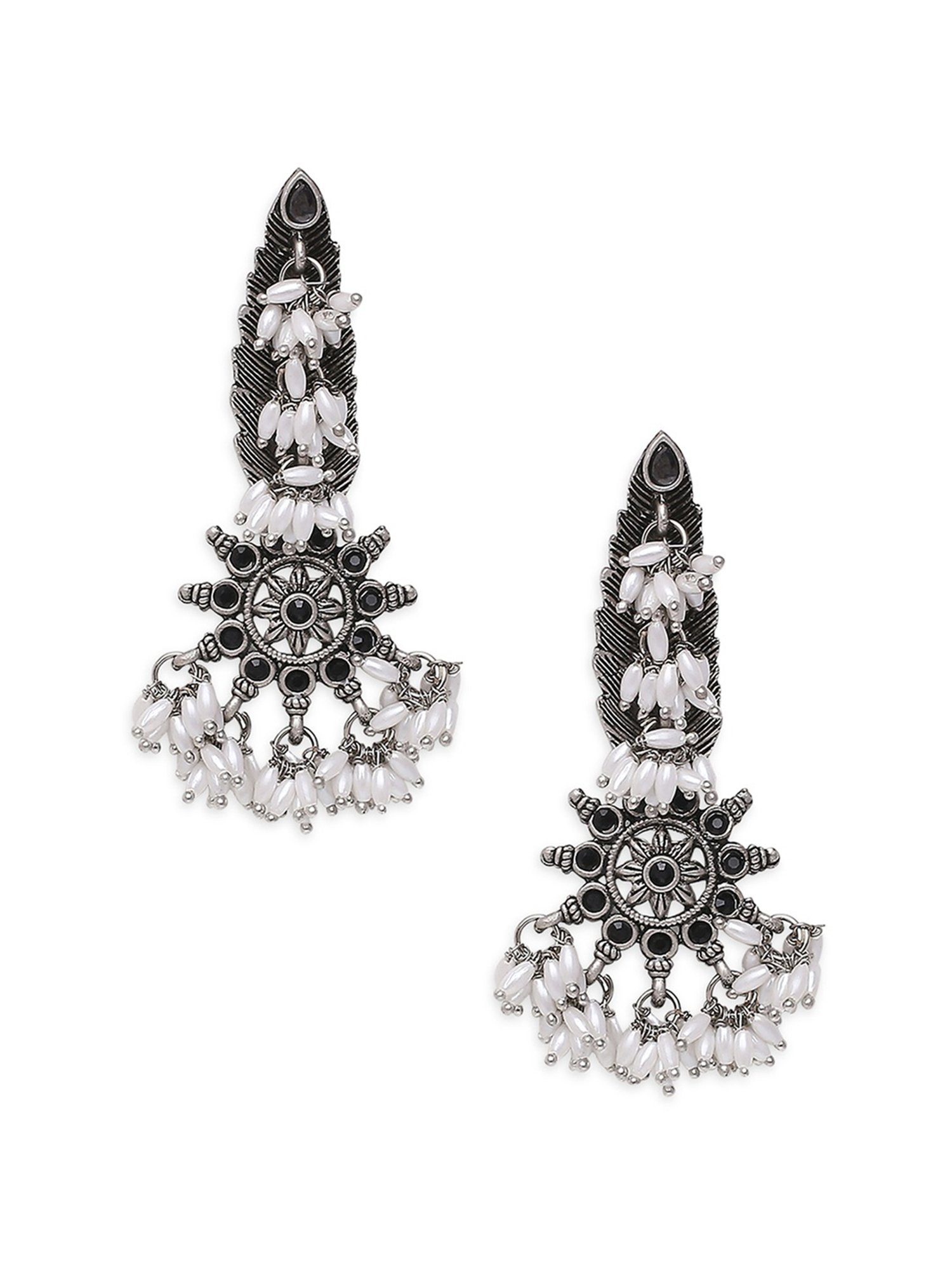 Oomph Jewellery Oxidized Silver Ethnic Silver Look Alike Stones & Pearls Studded Dangler Earrings