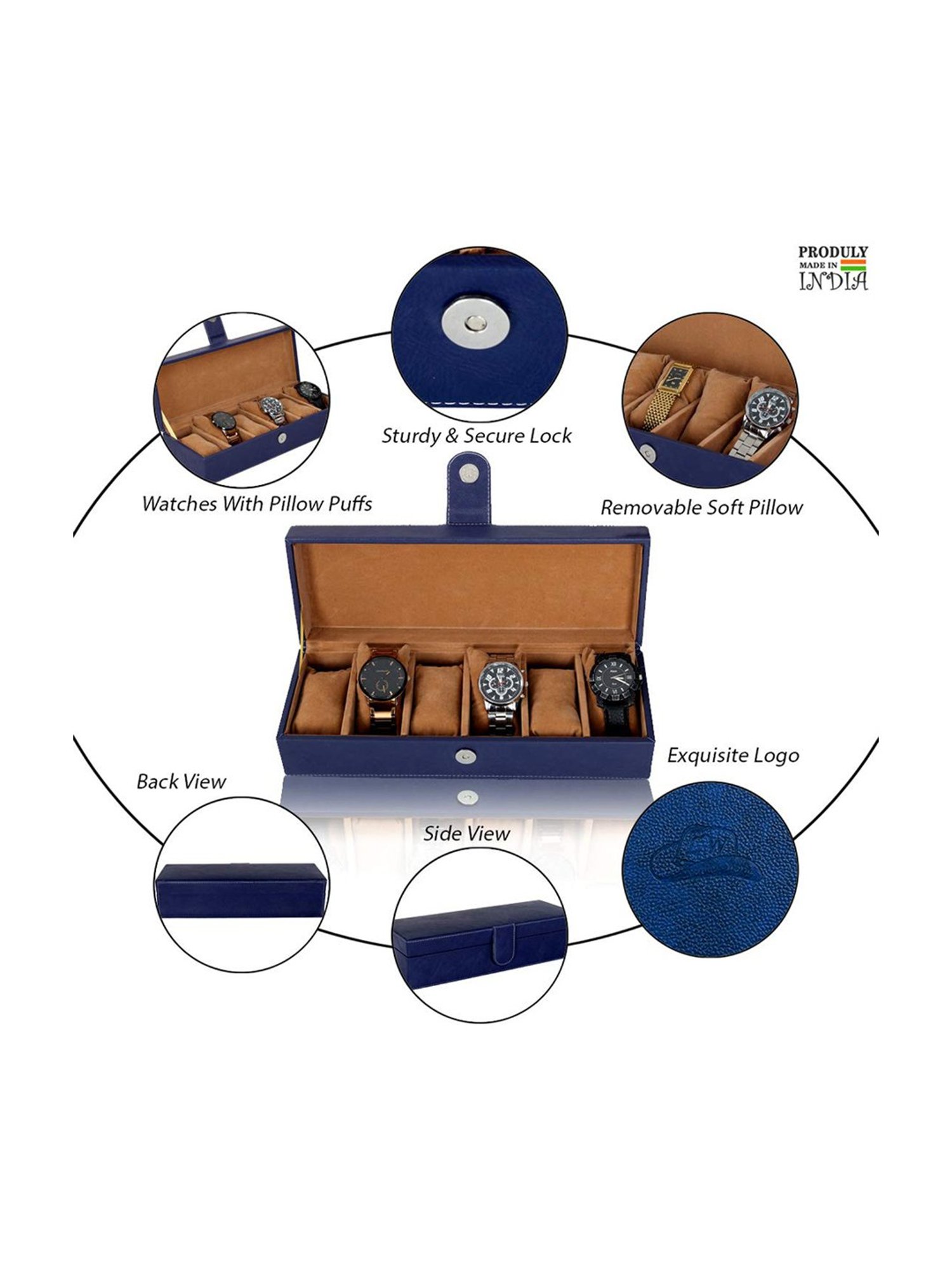 Leather World Blue Watch Box Holder Organizer Case in 6 Slots