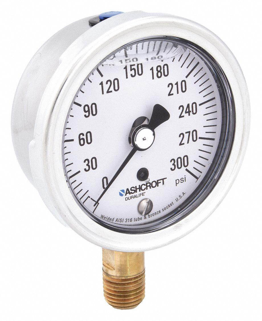 ASHCROFT 251009AWL02L300# Pressure Gauge, 0 to 300 psi, 1/4 in MNPT, Stainless