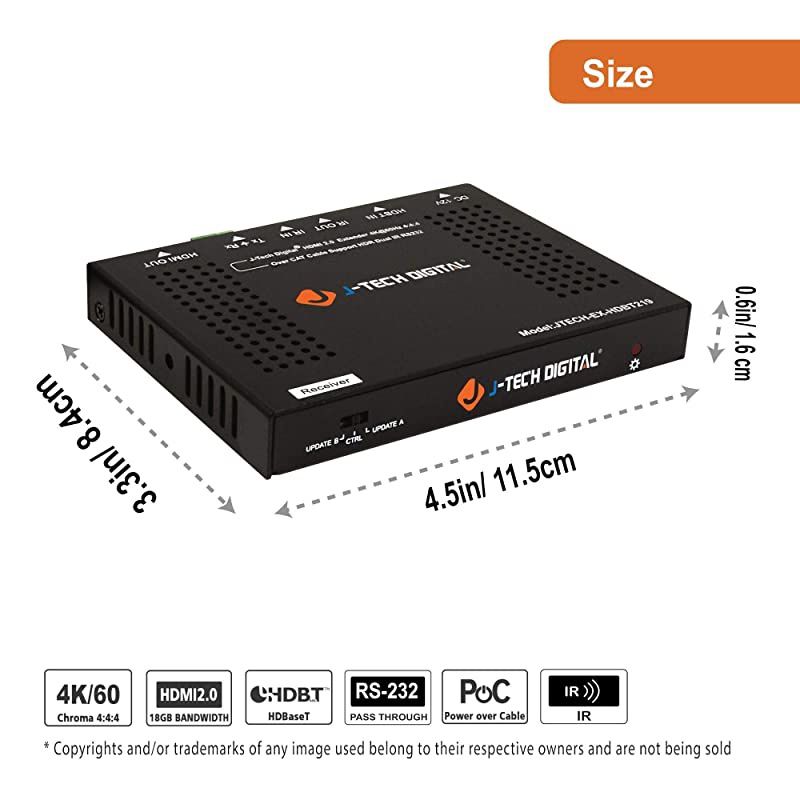 HDBaseT 4K@60HZ HDMI Extender 4K@60HZ 4:4:4, HDMI 2.0 Over Single Cable CAT5e/6A up to 230ft (1080P) 131ft(4K) Supports HDMI 2.0 18Gbps, HDR, HDCP 2.2, RS232, Bi-Directional IR
