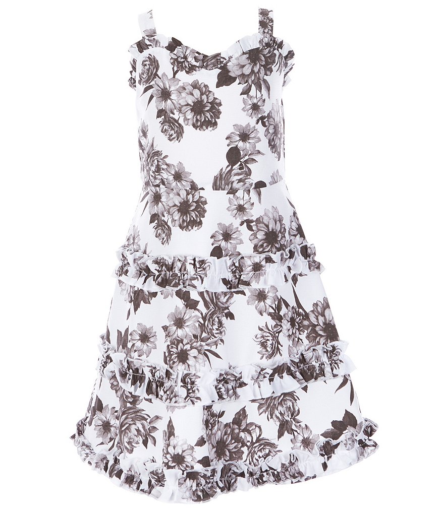 Rare Editions Big Girls 7-16 Sleeveless Floral-Printed Toile Tiered-Skirted Dress