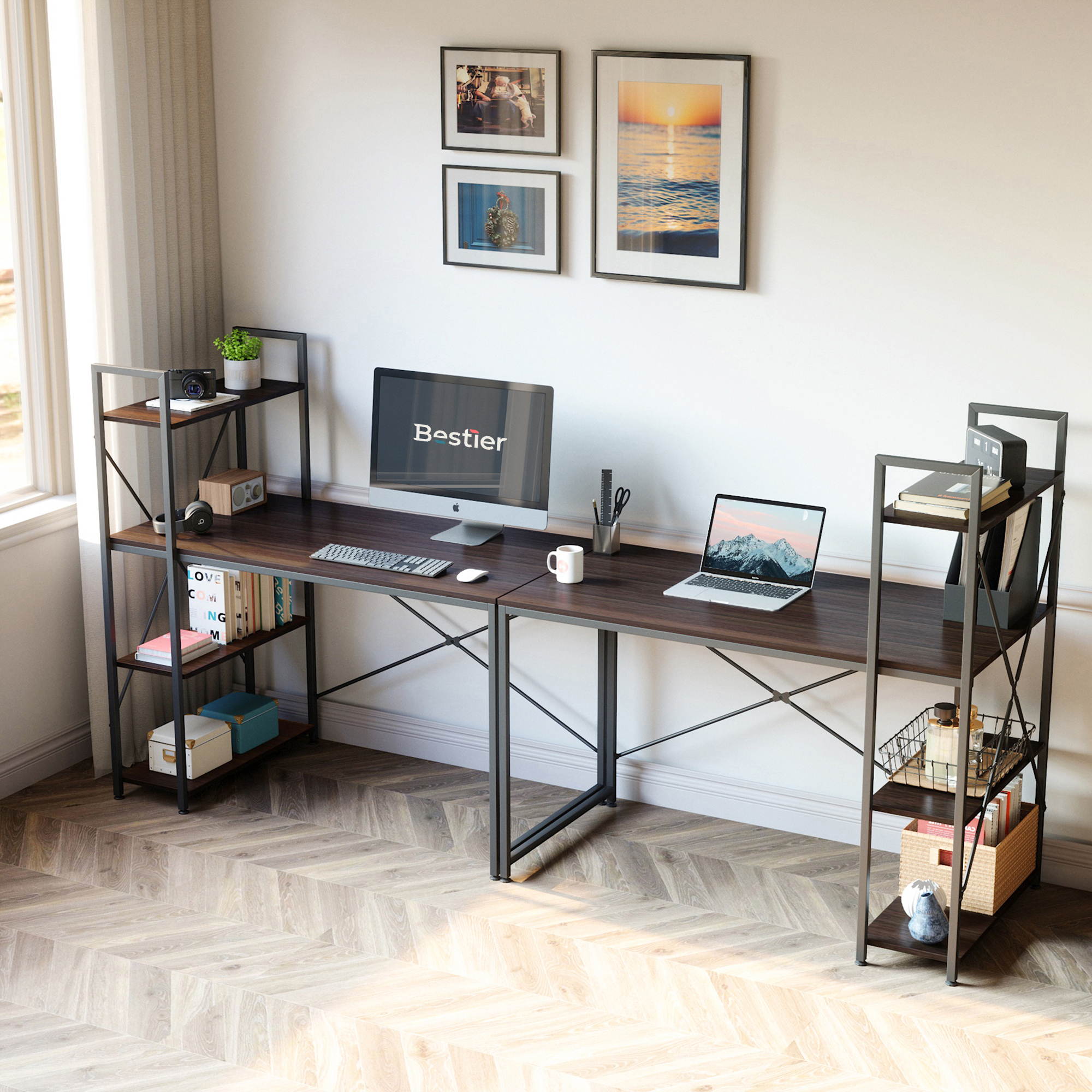 Bestier 63 Inch Computer Desk with Storage Shelves, Modern Bookshelf Desk with Headphone Hook Large Workstation Writing Desk with Reversible Bookshelves Home Office Work Table Study Desk Grey