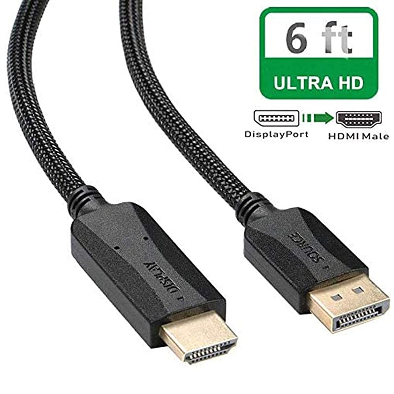 to HDMI Cable 6 ft DP Display Port to HDMI Cable Adapter 6 feet Braided Male to Male Supports Video and Audio for DELL HP ASUS etc