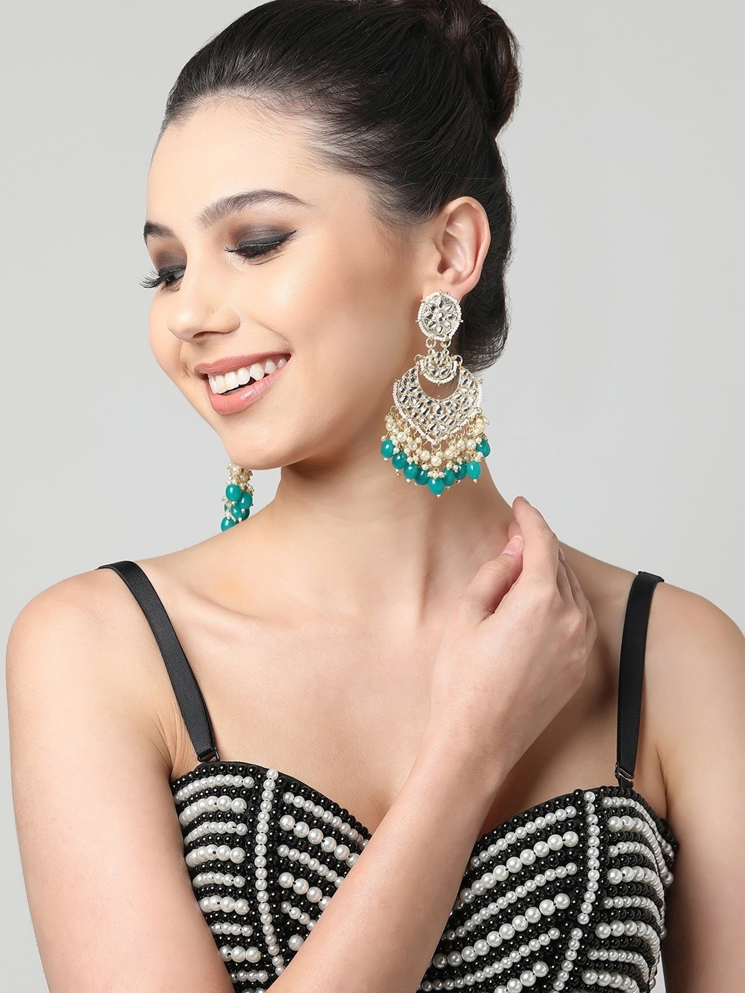 Zaveri Pearls Green Beads Traditional Kundan & Pearls Dangler Earrings - ZPFK11017