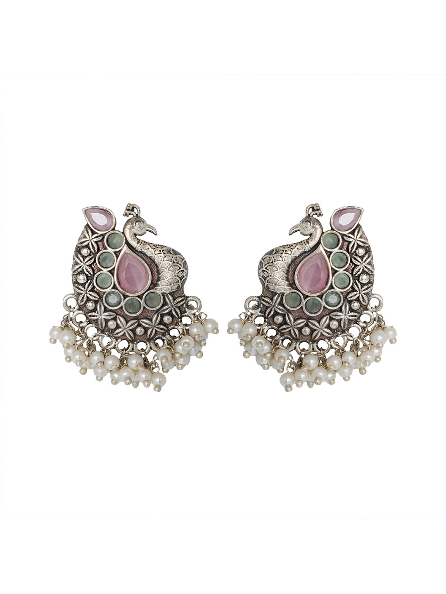 Teejh Ethnic Nirali Pink & White Silver Oxidized Stud Earrings
