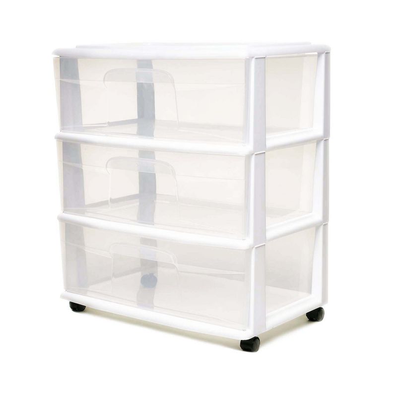 Homz Plastic 3 Clear Drawer Compact Home Rolling Storage Container Tower for Small to Medium Sized Items, White Frame