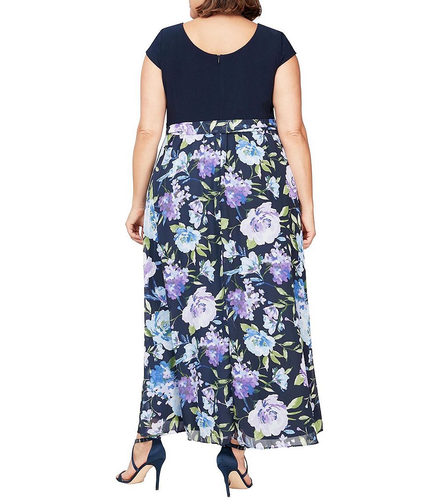Ignite Evenings Plus Size Cap Sleeve Crew Neck Floral Maxi Dress