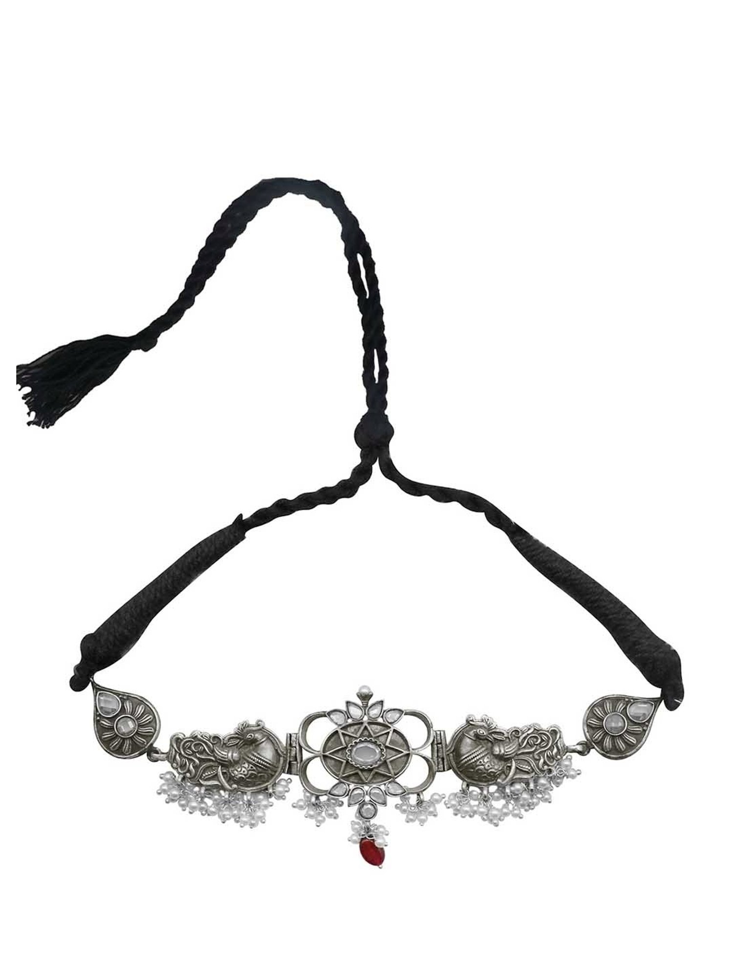 Teejh Ethnic Dancing Dual Peacock White Silver Oxidized Choker Necklaces for Women