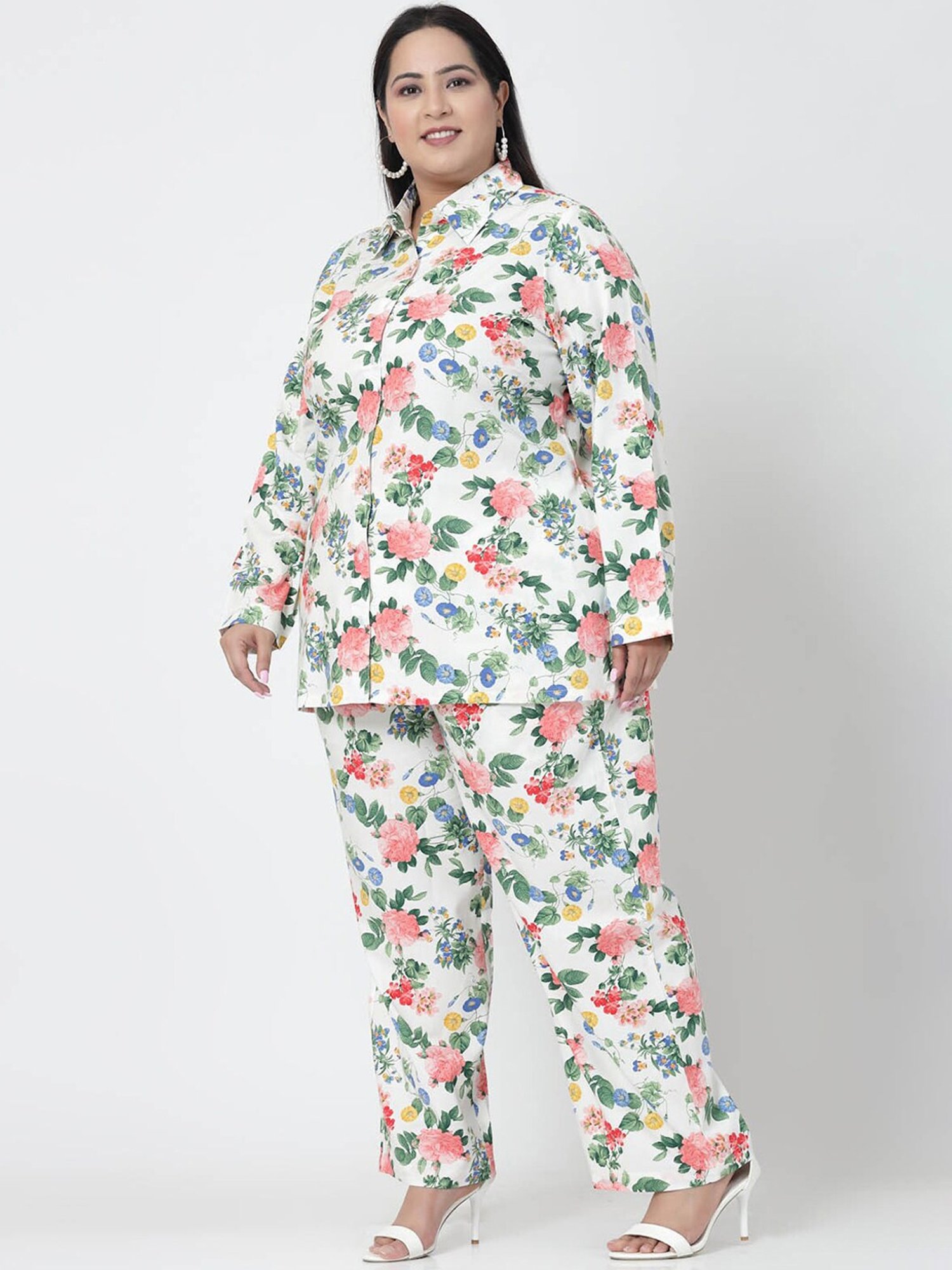 Melon by PlusS White Floral Print Shirt Pant Set