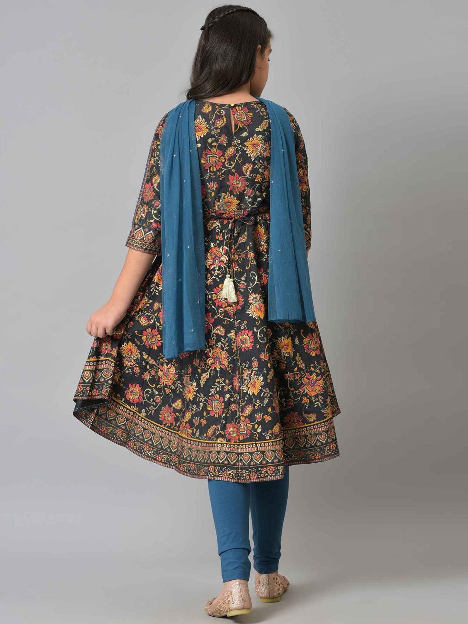 Aurelia Kids Black & Blue Floral Print Kurta Set