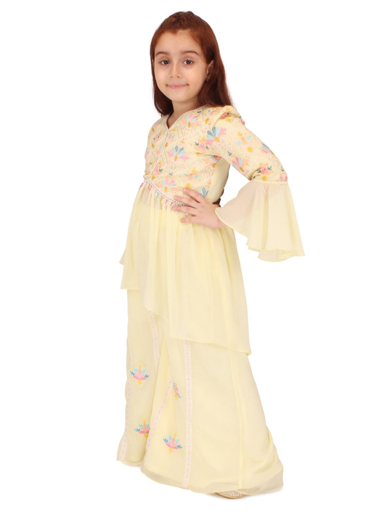 Cutecumber Kids Yellow Embroidered Full Sleeves Kurta with Plazzos