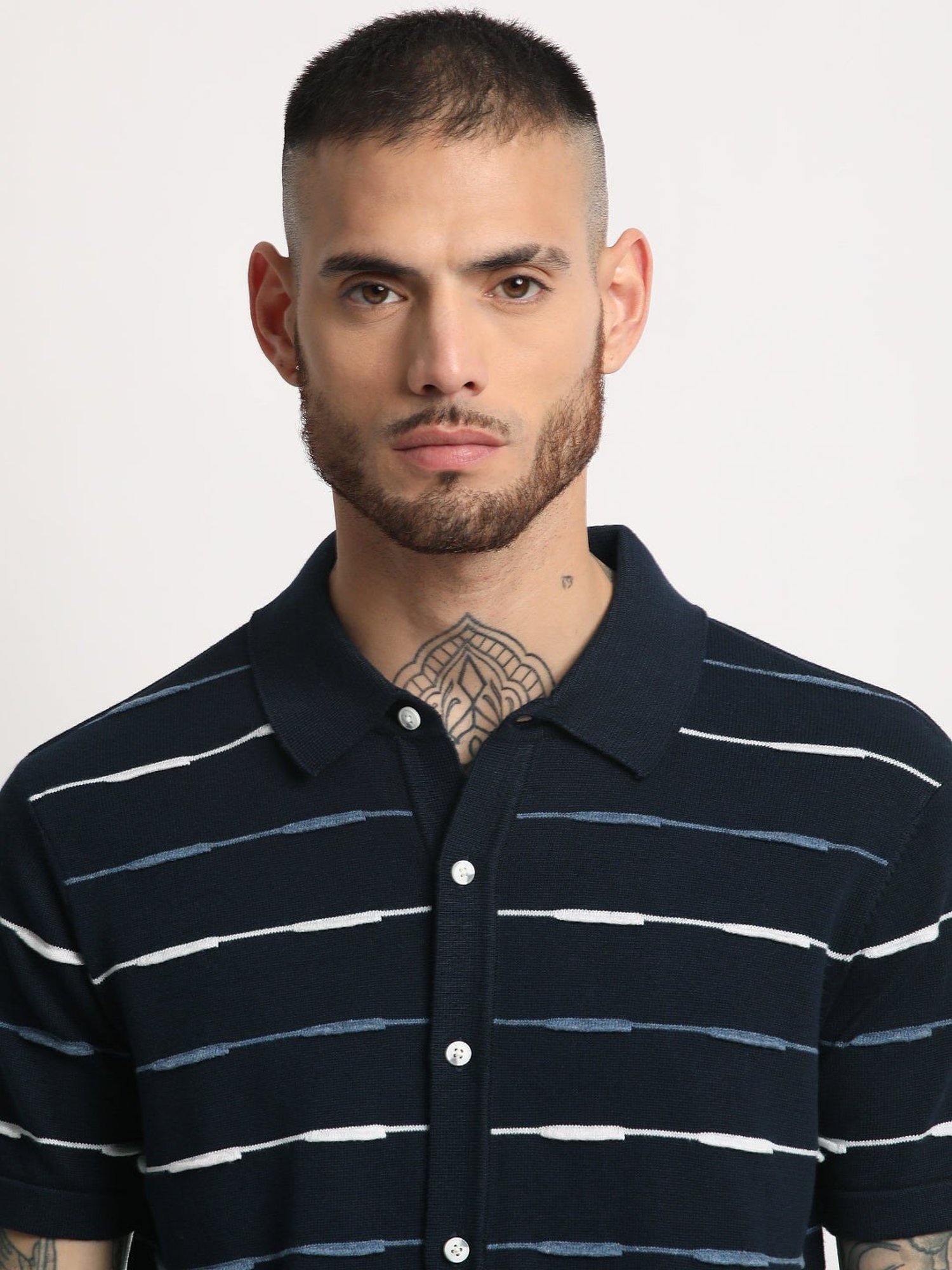 The Bear House Navy Cotton Slim Fit Striped Polo T-Shirt