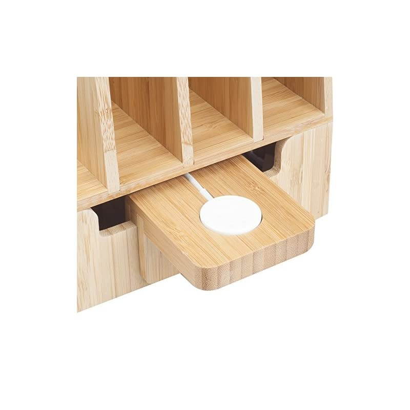 Slim Bamboo Charging Station Compatible Adapter for Apple Watch Multi Device Organizer Smartphones Tablets Laptops More