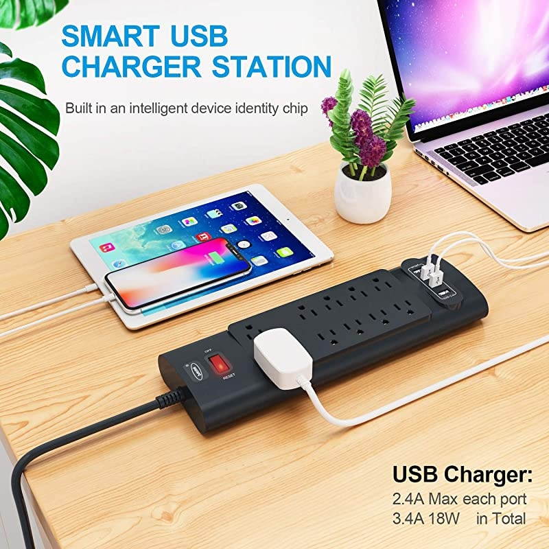 Power Strip,  Surge Protector with 10 AC Outlets and 4 USB Charging Ports,1875W/15A, 2100 Joules, 6 Feet Long Extension Cord for Smartphone Tablets Home,Office, Hotel, ETL Listed- Black